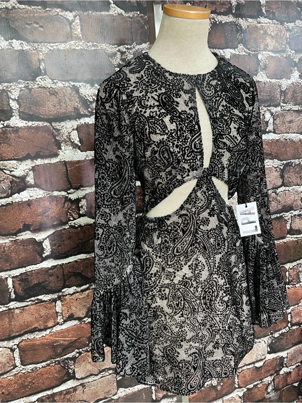 LPA Revolve Dress Cut Outs Bell Sleeves Black Paisley NWT Size XS